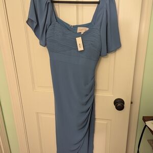 Adelyn Rae Blue Ruched Sheath Dress with Flutter Sleeves